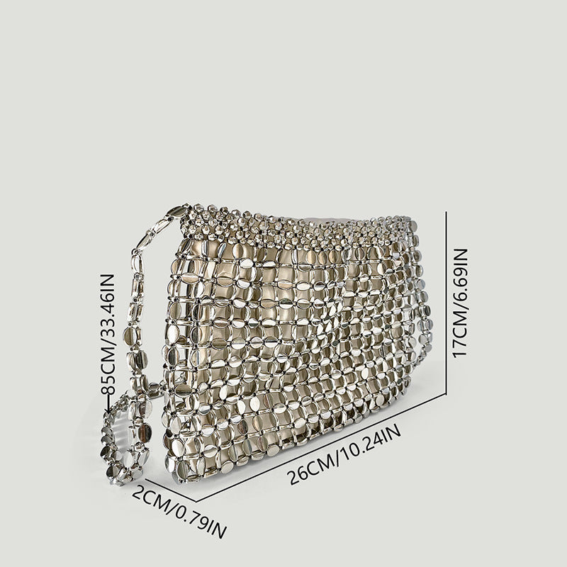 Dumpling Bag Retro Shiny Metallic Sequin Bag Hand Woven Shoulder Bag Travel Holiday Underarm Bag - GLAMWEARS