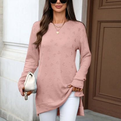 Autumn Winter Solid Color round Neck Loose Long Sleeve Split T shirt Top Women
