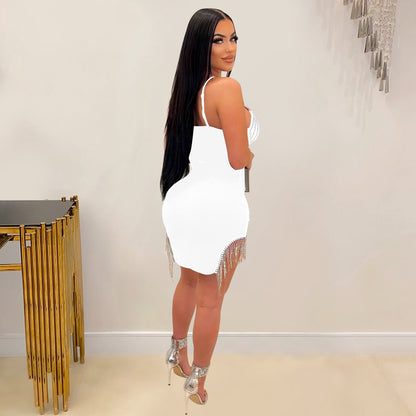 Women Wear Drilling Tassel Sleeveless Slip Dress Two Piece Set