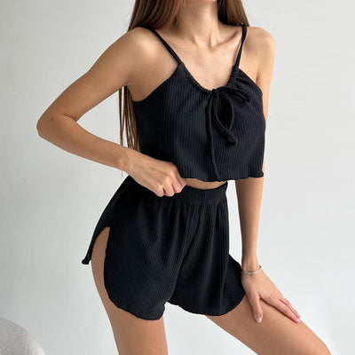 Spring Cool Suspender Shorts Pajamas Two Piece Set Comfortable Breathable Knitted Ladies Homewear