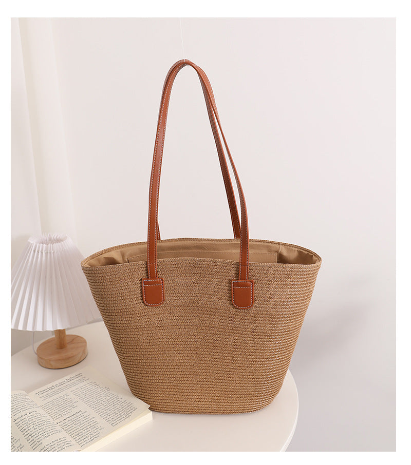 Simple Shoulder Straw Bag Woven Bag Summer Large Capacity Casual All Match Women Seaside Beach Rattan Woven Bag - GLAMWEARS