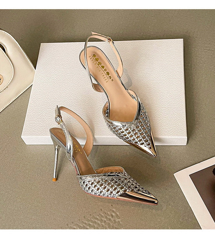 Hollowed out Woven Stiletto Sandals Women High Grade Metal Pointed Toe Strap High Heels - GLAMWEARS