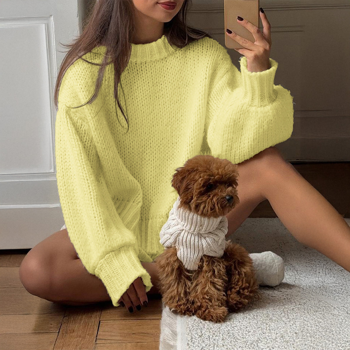 Casual Simple round Neck Long Sleeve Lining Sweaters Women Clothing Autumn Winter