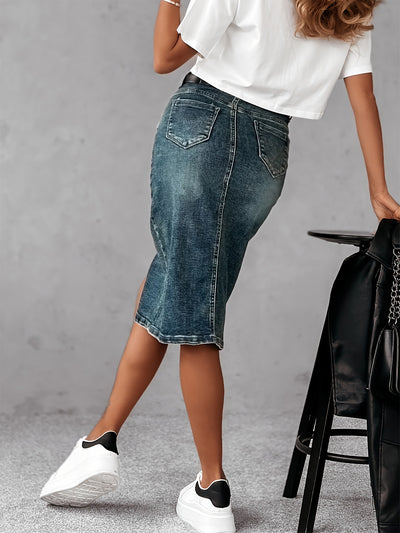 Ladies Elastic Heavy Industry Color Wash Sheath Front Slit Denim Pencil Midi Dress