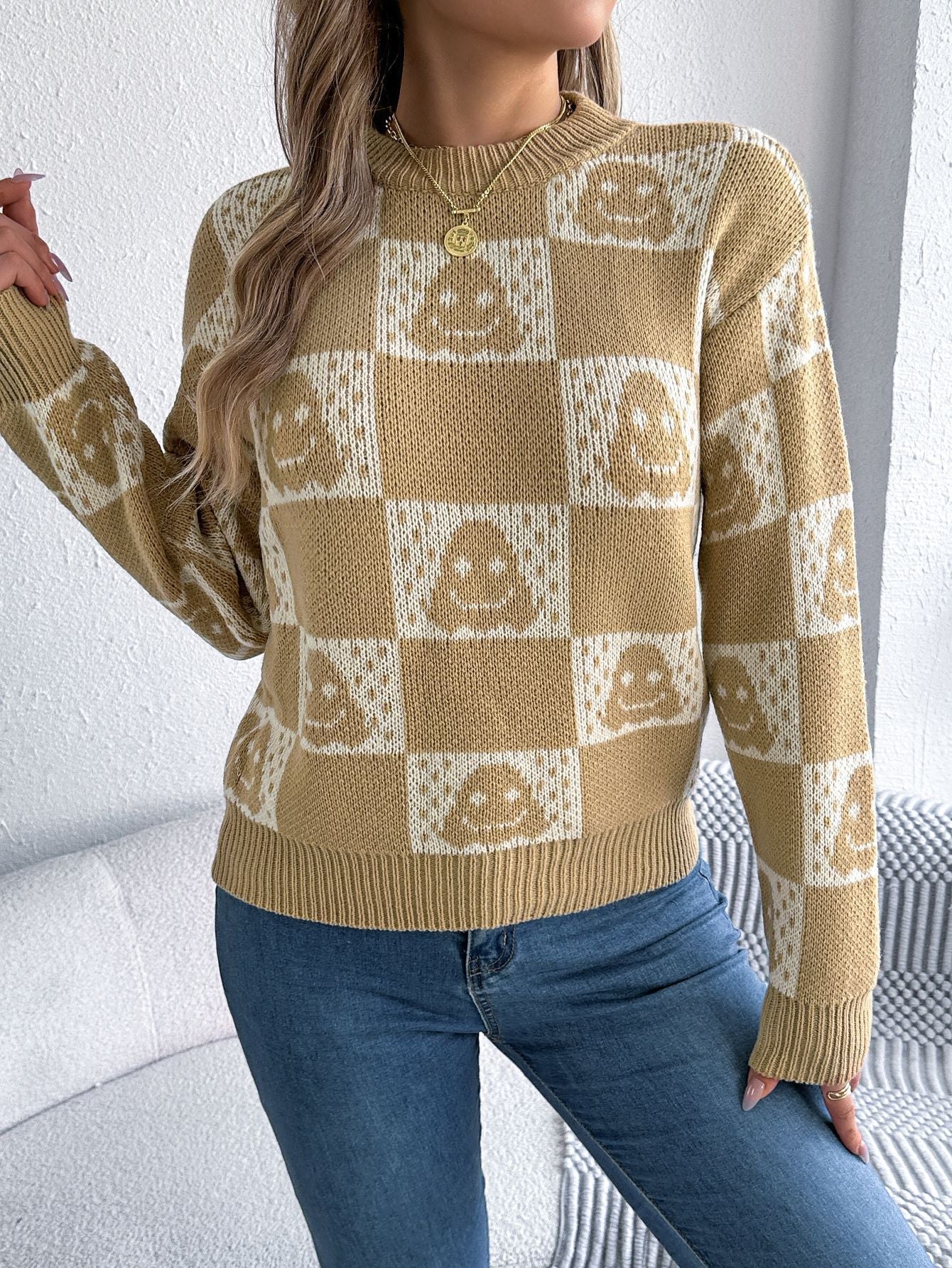 Autumn Winter Halloween Plaid Lantern Long Sleeve Pullover Women Clothing