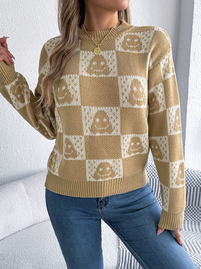 Autumn Winter Halloween Plaid Lantern Long Sleeve Pullover Women Clothing