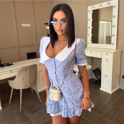 Summer Women Clothing Fresh Sweet Floral Printing Collared Single Breasted Lace Slim Dress