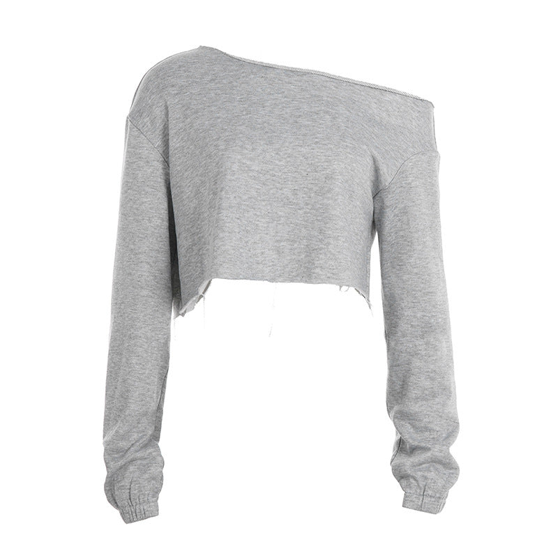 Forget Street Personality Oblique Shoulder Solid Color Loose Fitting Cropped Long Sleeve Sweater Sexy Slim Fit Casual Sweatshirts