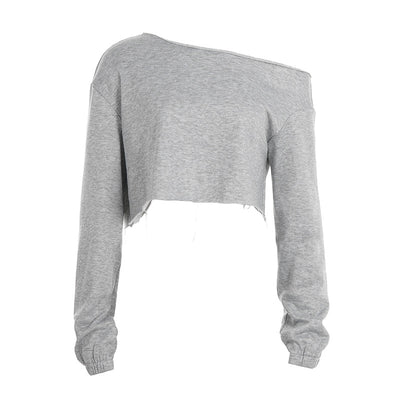 Forget Street Personality Oblique Shoulder Solid Color Loose Fitting Cropped Long Sleeve Sweater Sexy Slim Fit Casual Sweatshirts