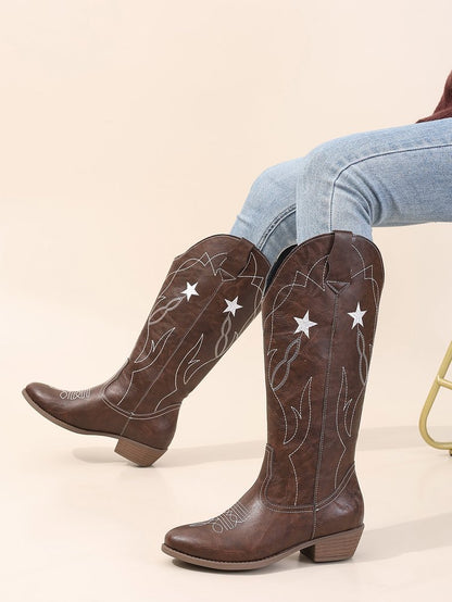 Totem Embroidery High Leather Boots Women Sewing Thread Pointed Toe Chunky Heel Knee High Boots