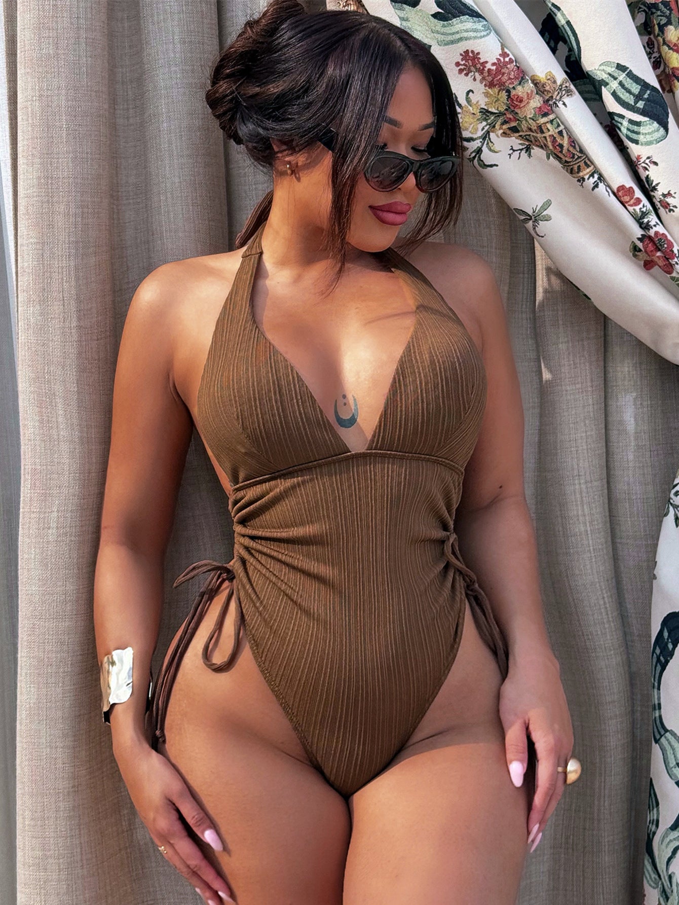 Bikini Deep V Plunge neck Hollow Out Cutout out Pleated One Piece Swimsuit