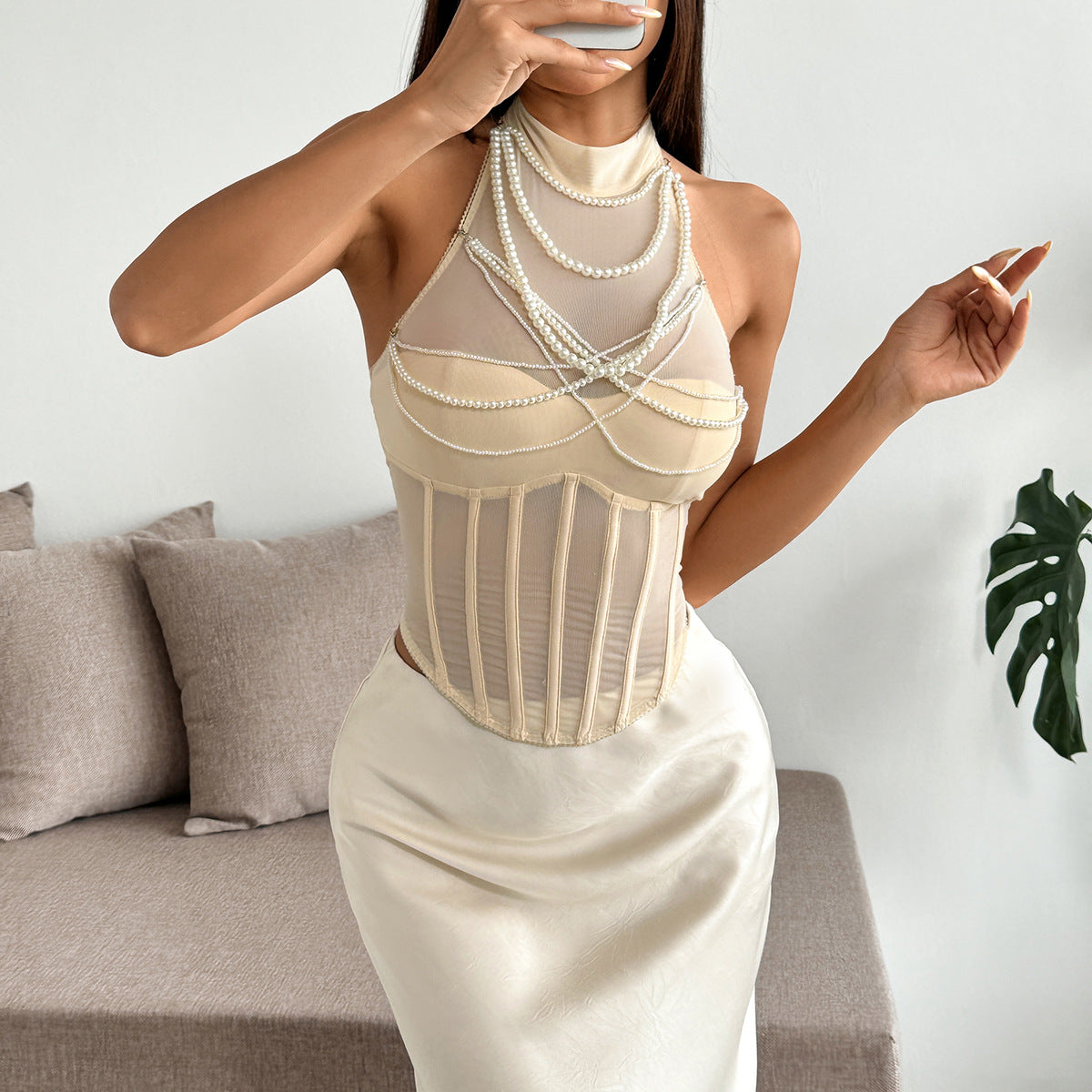 Solid Color Elegant Socialite Summer Elegance Semi Transparent Boning Corset Sexy Pearl Embellished Halter Top