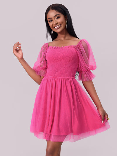 Women Clothing Dress off Neck Long Sleeve Dress Pleated Smocking Mesh Princess Dress