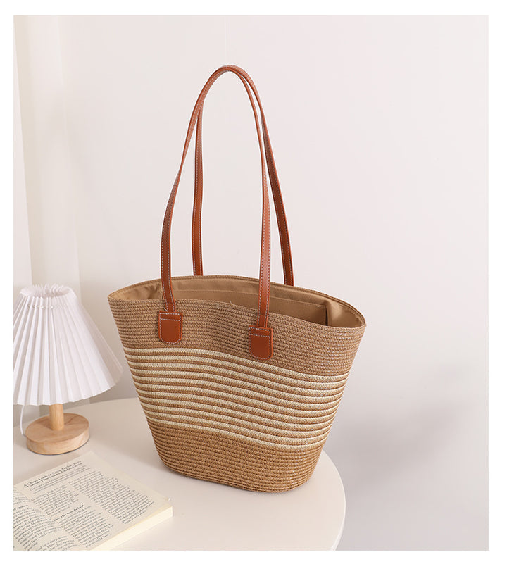 Simple Shoulder Straw Bag Woven Bag Summer Large Capacity Casual All Match Women Seaside Beach Rattan Woven Bag - GLAMWEARS