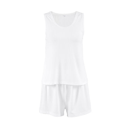 Spring Knitted Sunken Stripe Ladies Homewear Vest Shorts Two Piece Set Casual Soft Simple Pajamas
