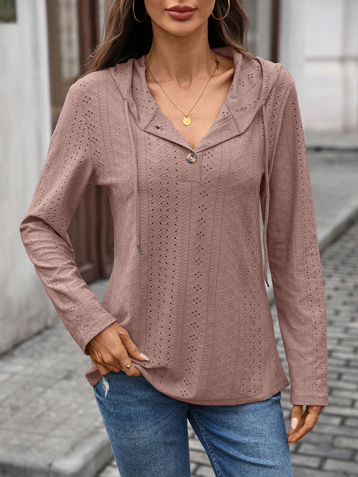 Autumn Winter Solid Color Buttons Hooded Loose Long Sleeves Sweater Top Women