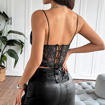 Summer Sexy Breathable Simple Lace Boning Corset Lace Deep V Plunge neck Chest Pad Vest