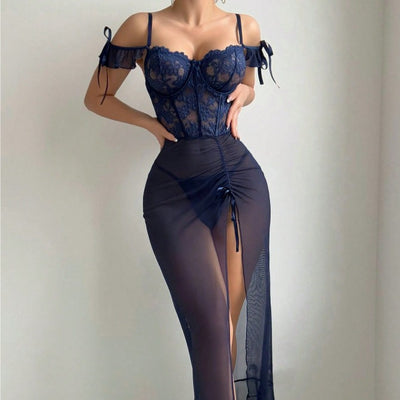 Dark Blue Sexy Lingerie Set Maxi Dress Split Sheath Sexy See through Astringent Pajamas Lace