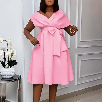 Women Clothing Summer V neck Lace up Elegant plus Size Africa Dress