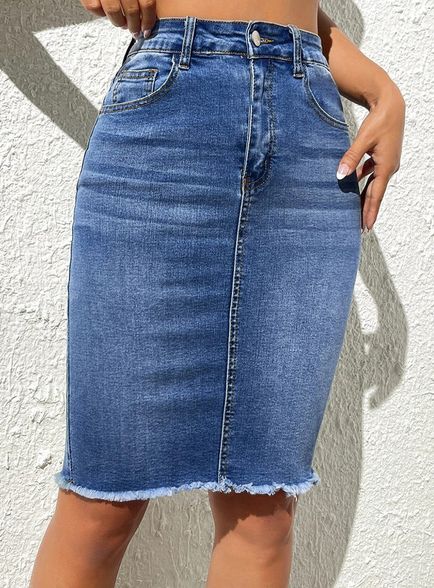 Elastic High Waist Frayed Skirt Denim Package Hip Skirt