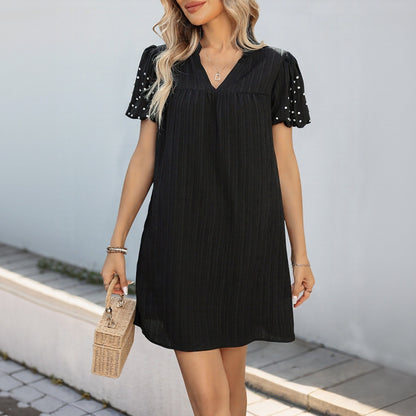 Loose Straight Dress Beaded Lantern Sleeve Simple Black Dress