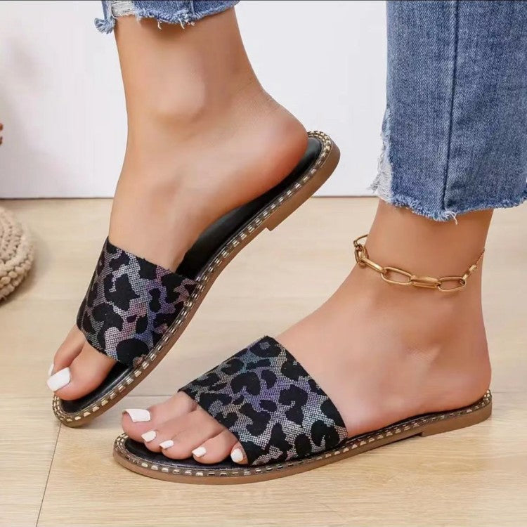 Flat Color Leopard Print Slippers Women Outer Wear Candy Color Lightweight Beach Slippers