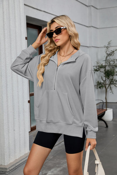 Spring Summer Hooded Loose Long Sleeves Zipper Pocket Sweatshirt Jacket Women