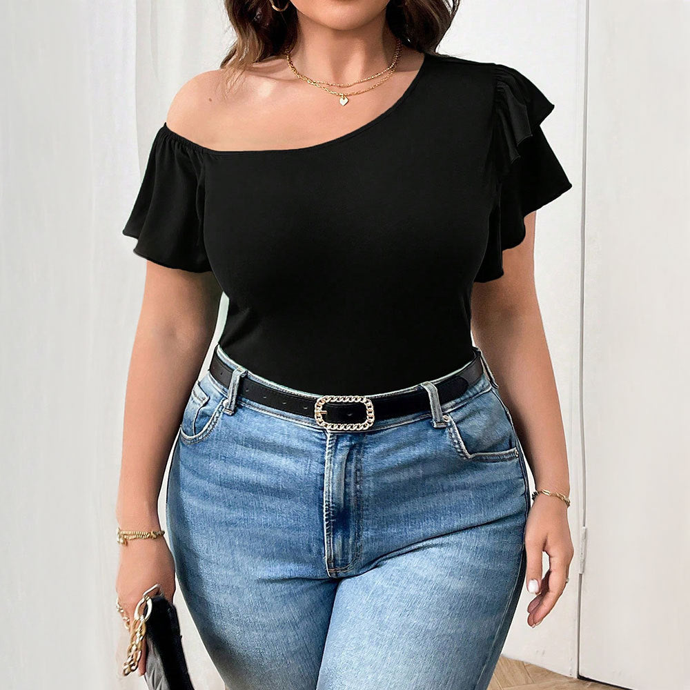 Plus Size Women Clothing Summer All Match Office Ruffled Diagonal Collar Loose Fitting T shirt Top