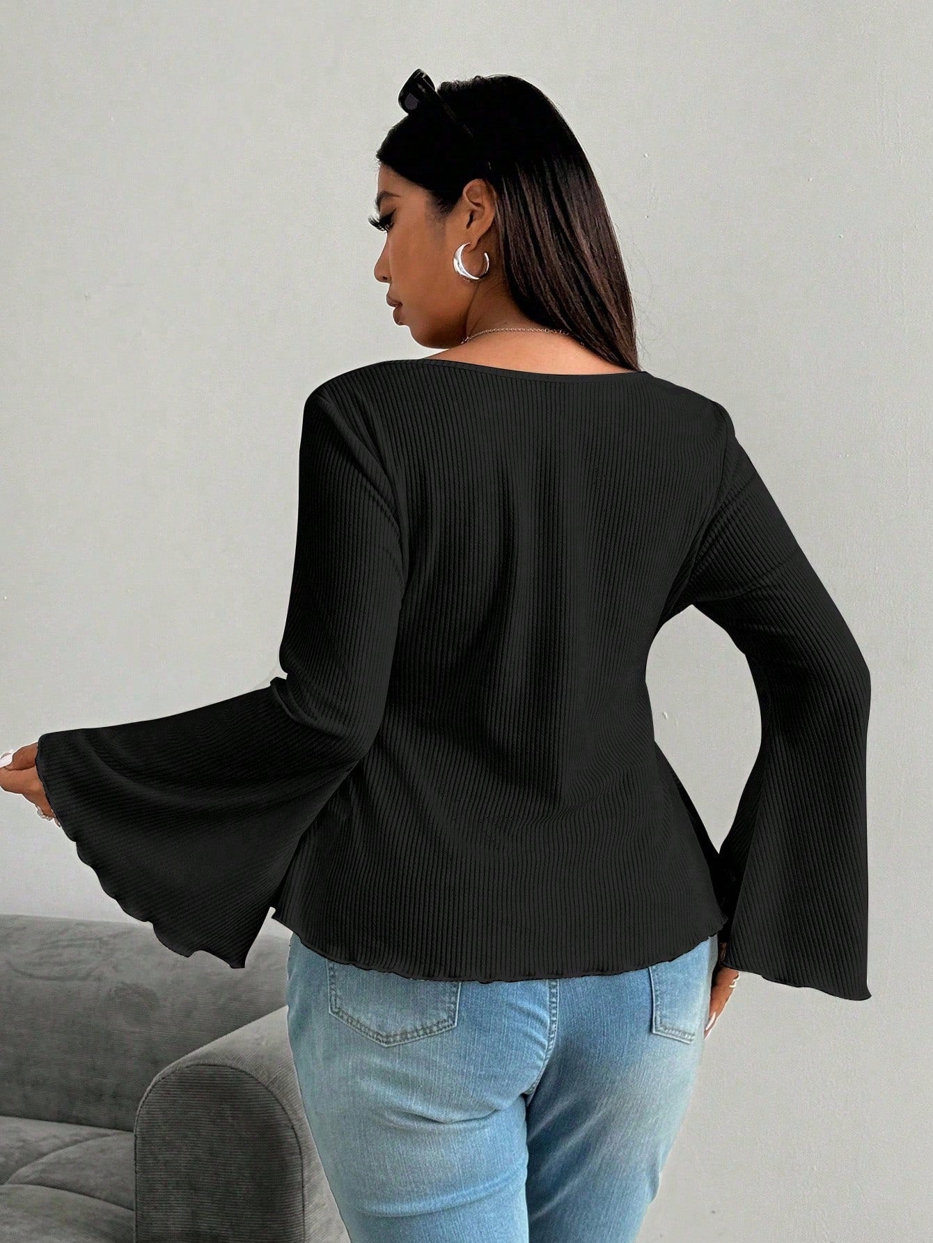 Plus Size Women Sexy Adult Lady like Woman V neck T shirt Autumn Winter Bell Sleeve Waist Controlled Long Sleeves Top