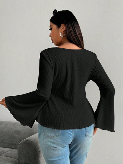 Plus Size Women Sexy Adult Lady like Woman V neck T shirt Autumn Winter Bell Sleeve Waist Controlled Long Sleeves Top