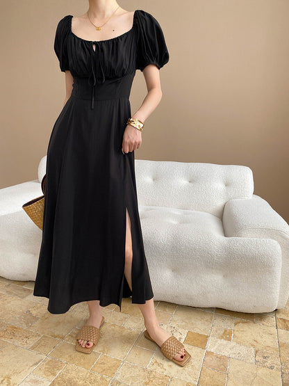 Elegant Atmosphere Pleated Square Collar Lace up Puff Sleeve Waist Slit Dress