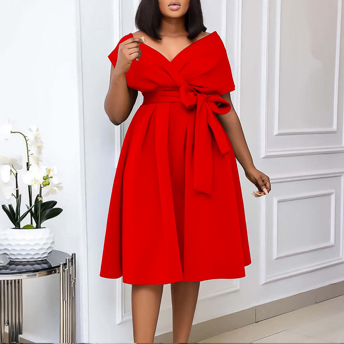 Women Clothing Summer V neck Lace up Elegant plus Size Africa Dress