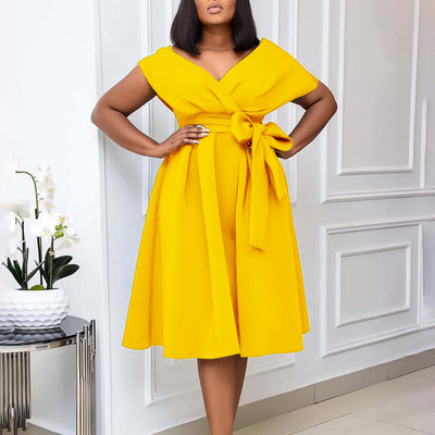 Women Clothing Summer V neck Lace up Elegant plus Size Africa Dress