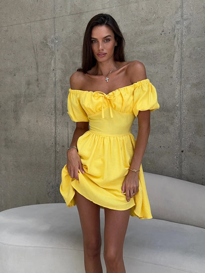 Off Shoulder Short Sleeve Dress Summer Lace up Cinched Short Dress Puff Sleeve Dress