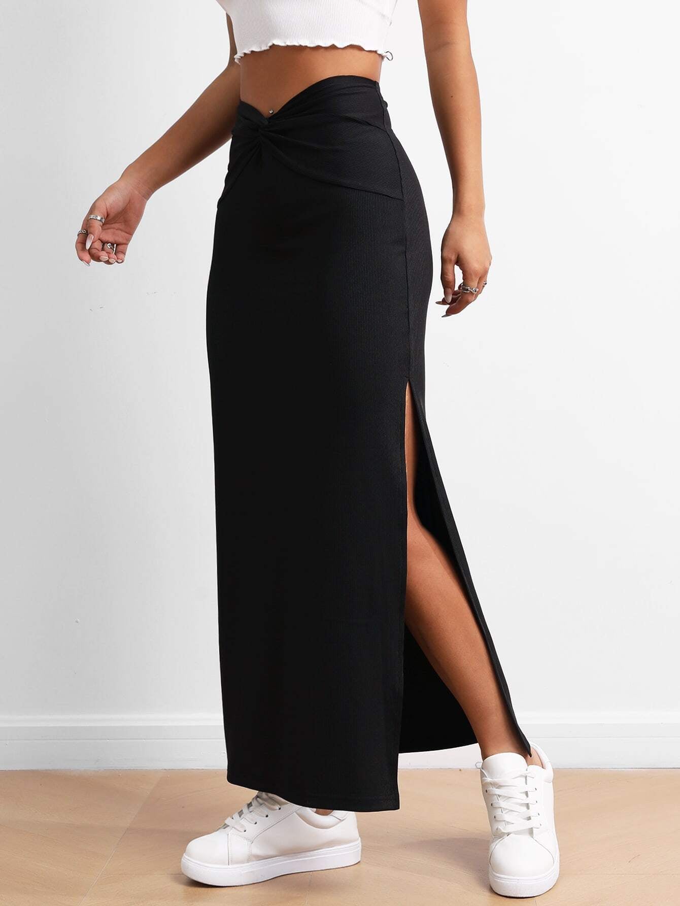 Women Clothing Simple Design Skirt Autumn Winter High Waist Drape Slit Dress