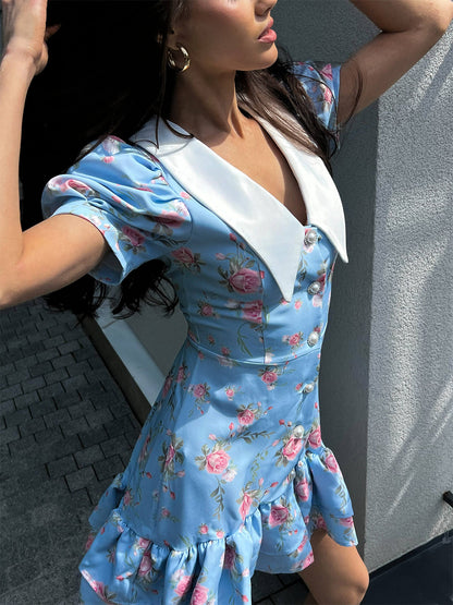 French V neck Puff Sleeve Dress Summer Waist Trimming Printing Short Dress Ruffled Dress