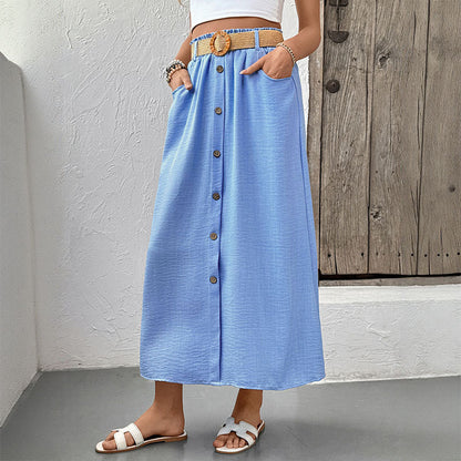 With Belt Skirt Summer Women Clothing Pocket Button Skirt