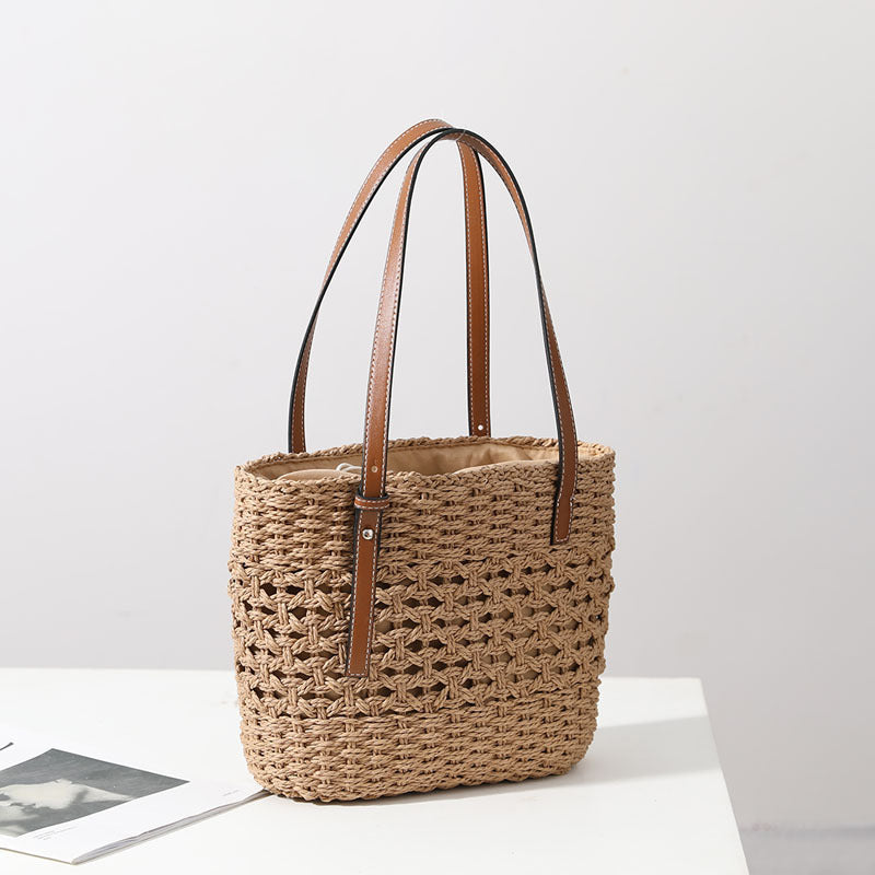 Straw Woven Bag Women Hollow Out Cutout Handmade Straw Bag Woven Bag Shoulder Portable Straw Weaved Bag Seaside Vacation Beach Bag - GLAMWEARS