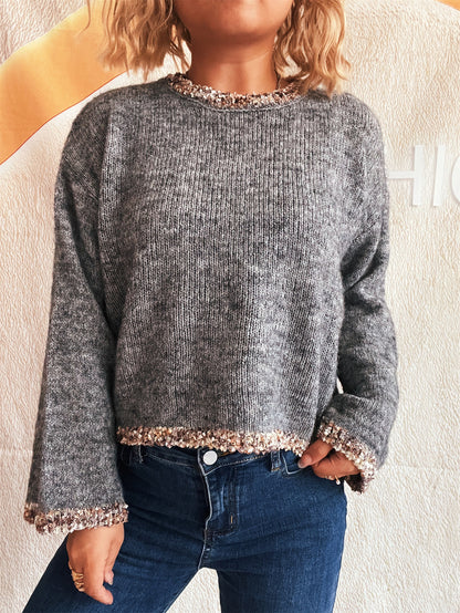 Lacework round Neck Knitted Pullover Casual Office Vintage Women Wear Sweater
