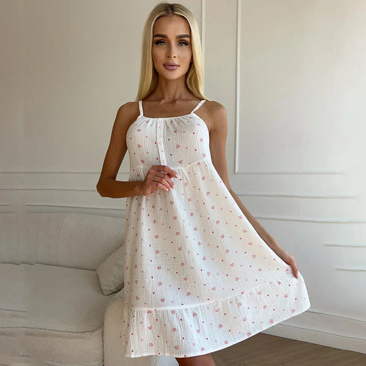 Summer Sling Cotton Printed Nightdress Homewear Pajamas Women Outerwear