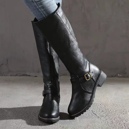 Thick Heel Long Tube Motorcycle Boots Women Side Zipper High Top Low Heel Knight Leather Boots