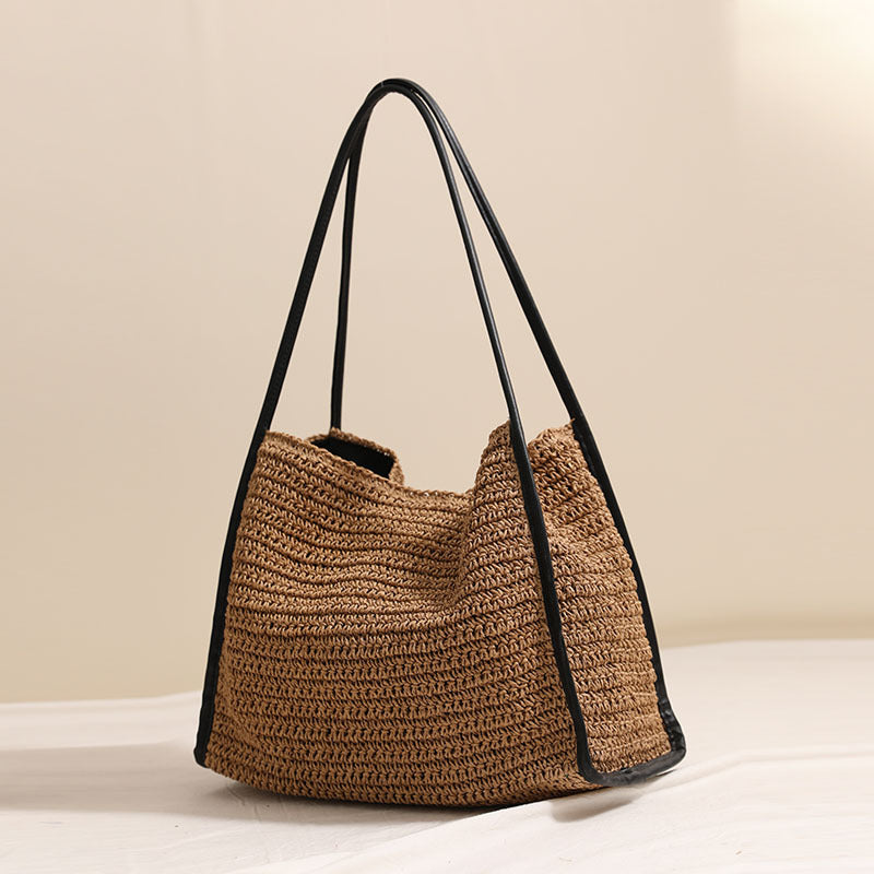 French Large Capacity Straw Bag Niche Solid Color Straw Bag Woven Bag Women Vacation Beach Bag Shoulder Bag - GLAMWEARS
