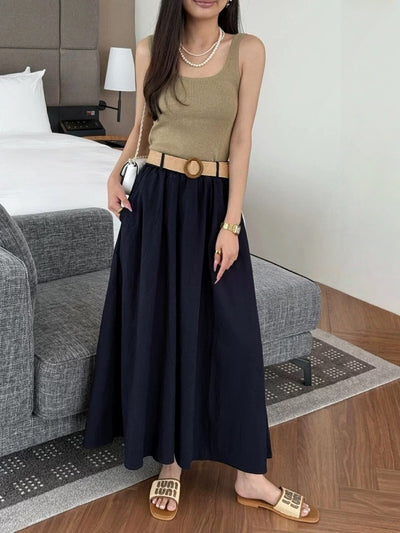 Cotton Linen Skirt Mid Length Women High Waist Summer Linen Art Big Hem A line Skirt with Woven Belt