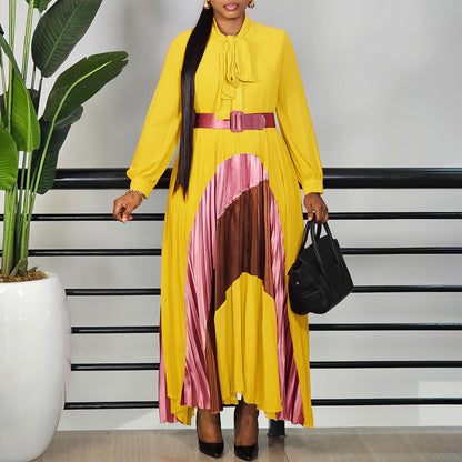 Women Clothing Tie Color Matching Pleated Dress Elegant Plus Size Dress