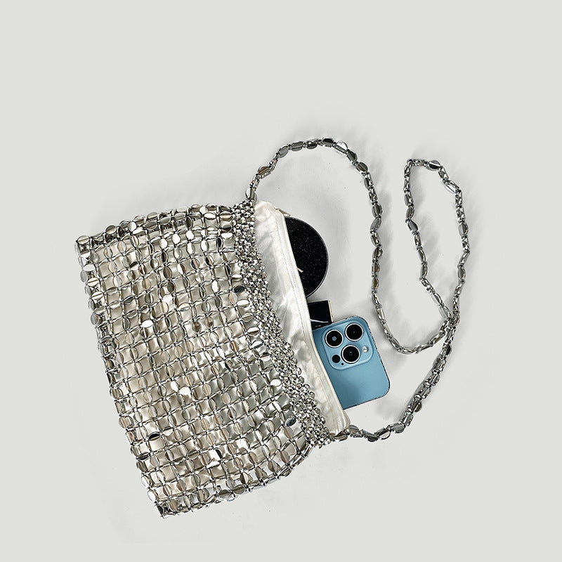 Dumpling Bag Retro Shiny Metallic Sequin Bag Hand Woven Shoulder Bag Travel Holiday Underarm Bag - GLAMWEARS