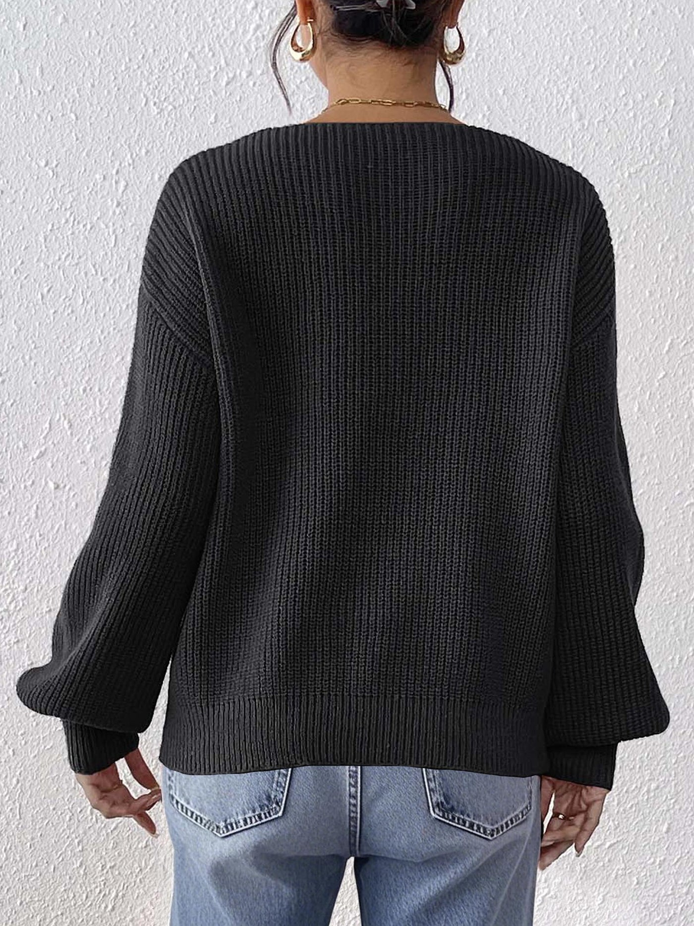 Lace Sequined Bow Tie V neck Patchwork Pullover Women Clothing Loose Lazy Long Sleeve Sweater