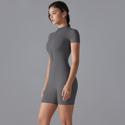 Summer Solid Color Zipper Short Sleeve Slim Fit Yoga Wear One Piece Women Dance Fitness Tight Sports Jumpsuit