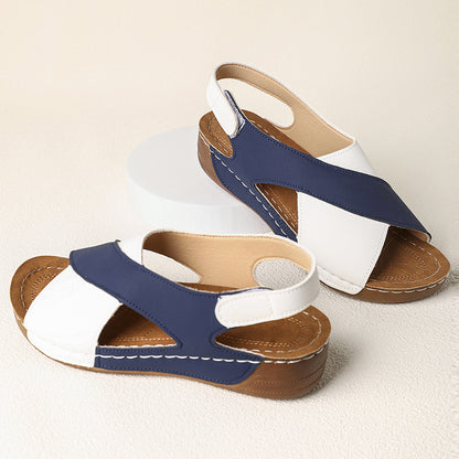 Platform Cross Wedge Sandals Women Outer Wear Contrast Color Breathable Velcro Beach Slippers