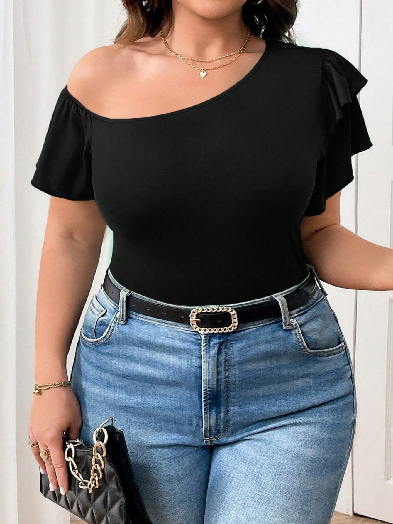 Plus Size Women Clothing Summer All Match Office Ruffled Diagonal Collar Loose Fitting T shirt Top