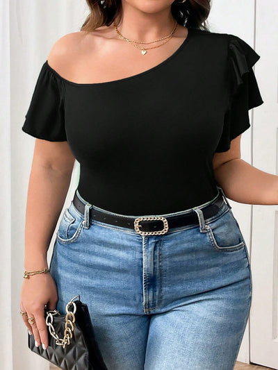 Plus Size Women Clothing Summer All Match Office Ruffled Diagonal Collar Loose Fitting T shirt Top
